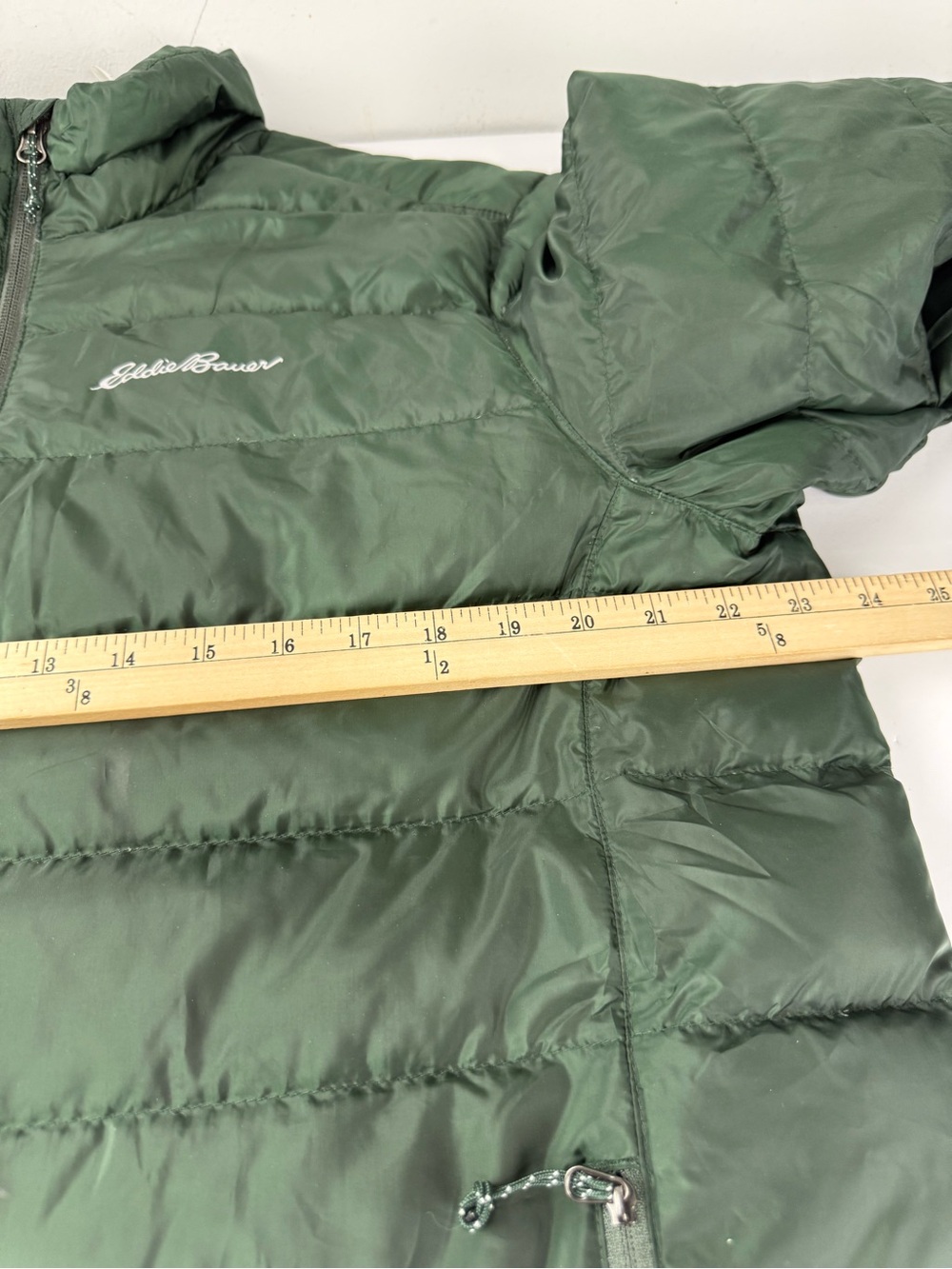 Eddie Bauer Mens Large Down Puffer Jacket Green Hooded 650 Fill EB650 Zip Coat - Picture 4 of 8